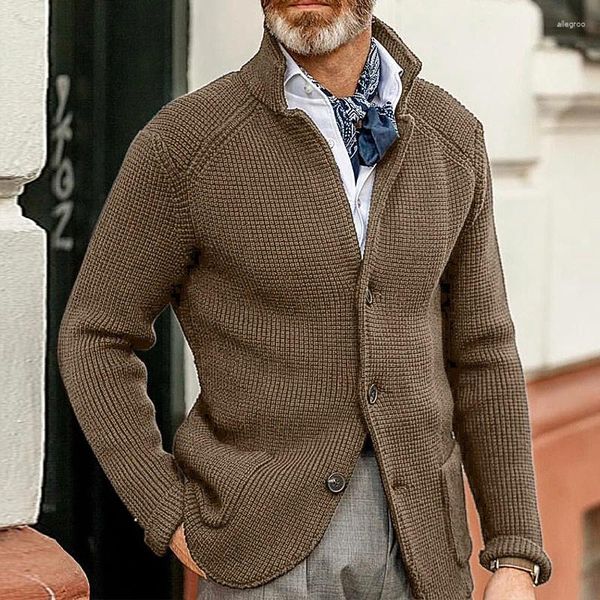 Suéteres para hombres 2023 Vintage Knit Abrigos de manga larga Invierno Otoño Botón Slim Prendas de punto Chaqueta de negocios Casual Solapa Sólido Acanalado Outwear