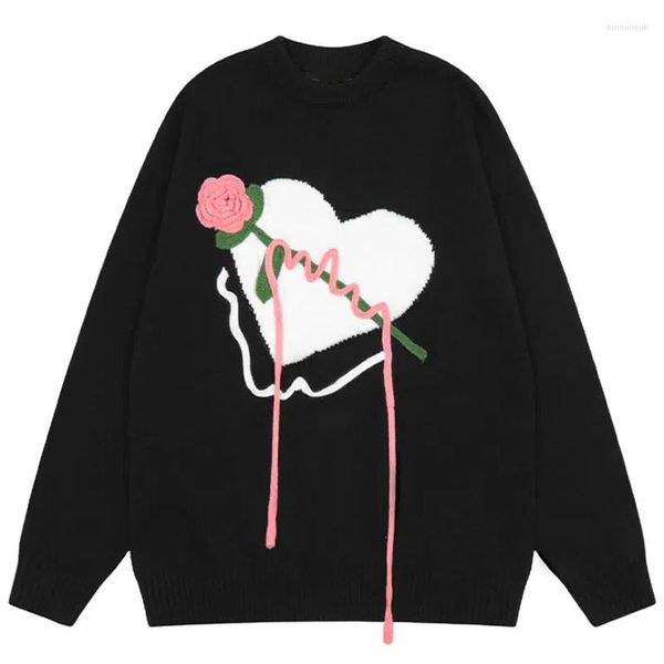 Suéteres para hombres 2023 suéter vintage hombres retro amor rosa tejido hip hop streetwear harajuku estilo japonés jersey de gran tamaño