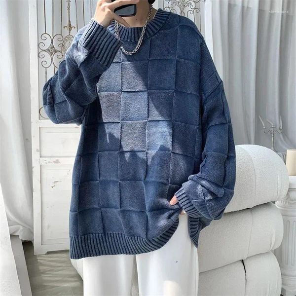 Pulls pour hommes 2023Automne et hiver surdimensionné japonais paresseux rétro tricoté bas manteau lavé vieux pull à carreaux mode tenue décontractée