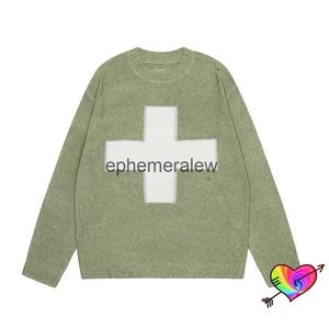 Pulls pour hommes 2023Fw Kapital Cross Sweater Hommes Femmes Endommagé Design Kapital Pulls Cu Trou Vert Tricoté Crewne Manches Longues Ephemeralew