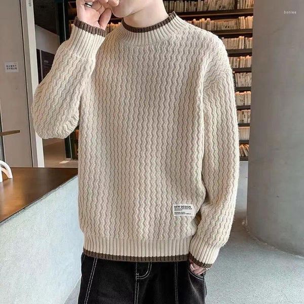 Suéteres para hombres 2024 Otoño e invierno Moda minimalista Tendencia Color a juego Cuello redondo Punto Jacquard Suelto Casual Elástico Roscado