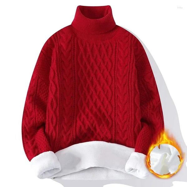 Pulls pour hommes 2024 automne hiver hommes polaire pull à col roulé hommes tricot pulls tricoté rouge chaud pull décontracté