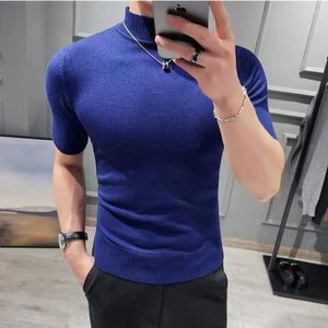 Pulls pour hommes 2024 Pull de style britannique Pure Couleur Manches courtes Semi-haut Pull à col haut pour hommes Tops en tricot Plus Taille S-3XL