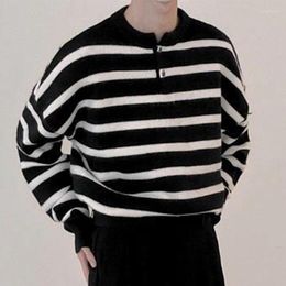 Heren Truien 2024 Gebreide Lichte Luxe Truien Trui Mannen Casual Vintage Henry Kraag Gestreepte Lange Mouwen Tops Streetwear Herfst