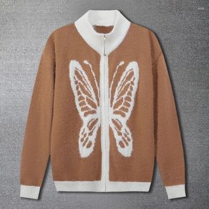 Suéteres para hombres 2024 hombres coreanos mariposa impresión cardigan casual contraste color knite suéter suelto abrigo de manga larga
