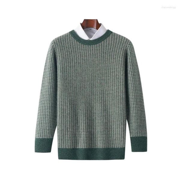 Suéteres para hombres 2024 Pure Cashmere Cuello redondo Contraste Suéter engrosado Moda suelta Casual Negocios Auténtico Lana Punto Top