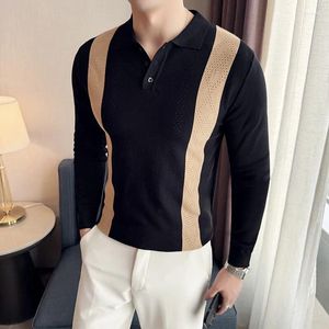 Pulls pour hommes 2024 Printemps Contrastant Rayé Tricoté Polo Pull Revers Slim Casual Business Pulls Social Streetwear Knitwear Tops