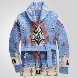 Pulls pour hommes 2024 hiver luxe jacquard tricoté cardigan avec ceinture épais pull à manches longues streetwear mi-longueur tricots