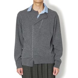 Mannen Truien 22aw Kolor Japan Stijl Wol Gemengde Revers Onregelmatige Gestikte Trui Grijs Lange Mouwen Casual Trui 230809