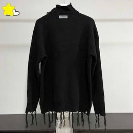 Herentruien 23fw zware stof unisex Turtleneck trui Men vrouwen 1 1 Hip Hop Tassel Damage Knit sweatshirts met tags J230822