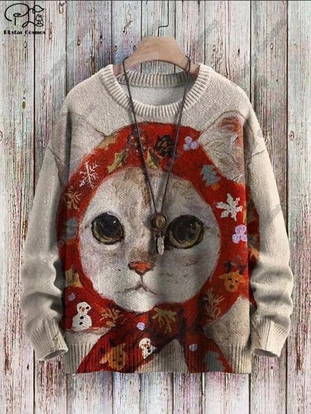 Pulls pour hommes 3D imprimé série animale rétro chat mignon à motifs pull laid décontracté unisexe hiver sweat-shirt M-3