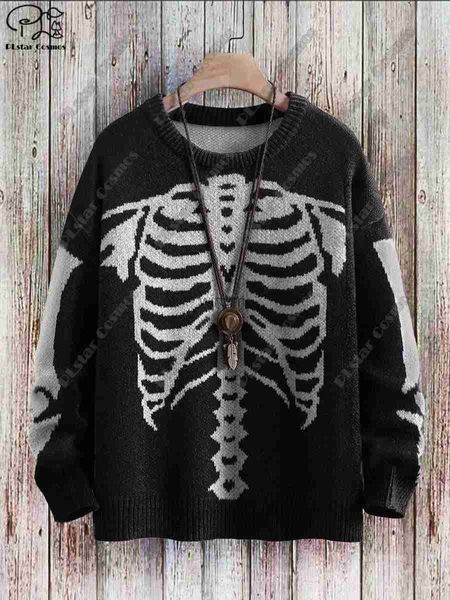 Suéteres para hombres Serie de Halloween impresa en 3D Horror Fantasma Esqueleto Bruja Patrón de gato negro Suéter feo Calle Casual Sudadera de invierno W-2