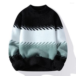 Herentruien #5941 Zwart wit blauw gesplitste kleur streetwear hiphop trui mannen o-neck gebreide pullover winter fleece warm dik