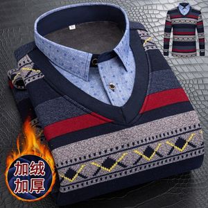 Mannen Truien 5XL Herfst Winter Mannen Fleece Shirt-Kraag Trui 2023 Mode Raster Gedrukt Dikke Warme Mannelijke fluwelen Dikker