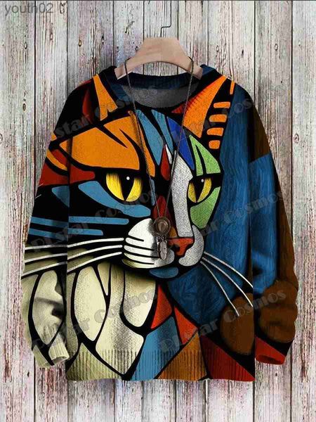 Suéteres para hombres Arte abstracto Gato Patrón multicolor Impreso en 3D Jersey de punto con cuello redondo para hombre Invierno Unisex Suéter de punto informal ZZM43 YQ231106