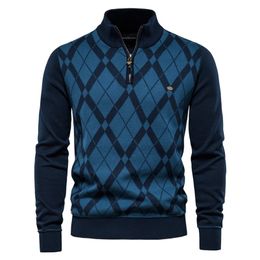 Heren Truien AIOPESON Merk Argyle Truien Casual Rits Mock Hals Katoen voor Winter Mode Warm s 220930