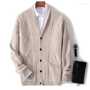 Pulls pour hommes automne et hiver cardigan double épais avec poche en laine pure pull en cachemire tricoté à manches longues manteau chaud