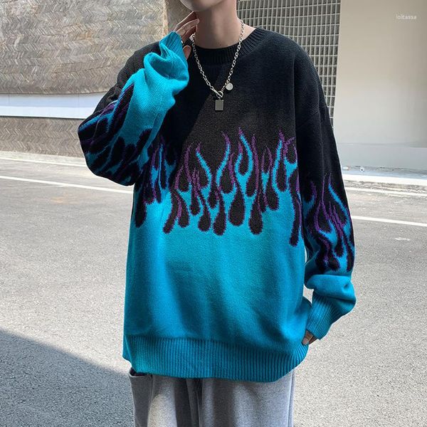 Suéteres para hombres Suéter de llama de otoño e invierno Hip Hop Versión coreana Tendencia Personalidad Punto suelto Estilo Harajuku Pareja Línea de bloque de color