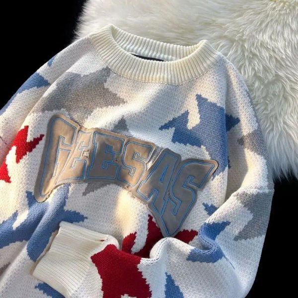 Suéteres para hombres Otoño e Invierno Fragancia Tendencia Americana All Over Star Suéter Suelto Retro Pareja Moda Suéteres de punto F