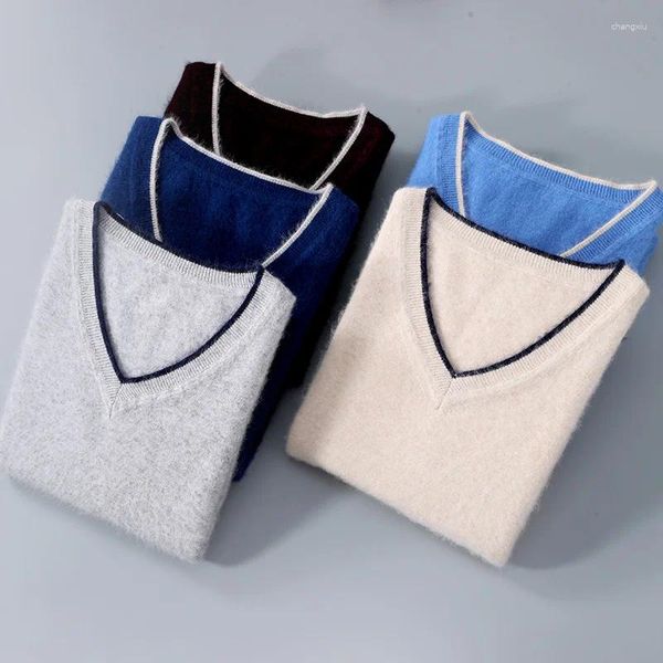 Chandails pour hommes automne et hiver haut de gamme en laine tricoté chemise à fond col en v couleur correspondant affaires vison cachemire pull