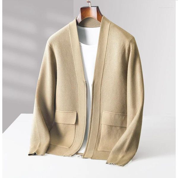 Suéteres para hombres Otoño e invierno Cárdigan de lana de punto con cuello en V Coreano Casual Abrigo suelto Chaqueta con cremallera Top