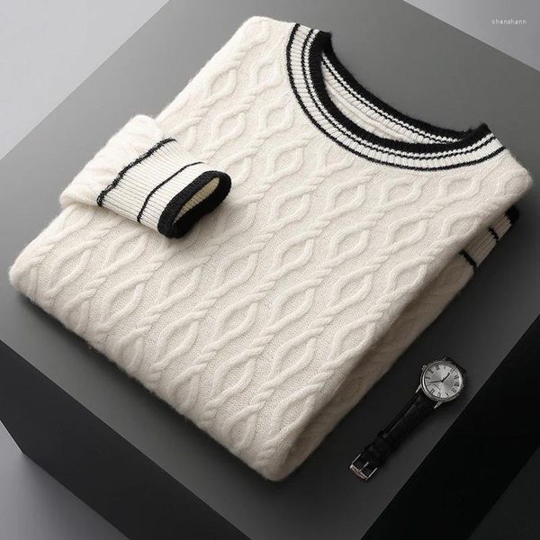 Suéteres para hombres Otoño e invierno Suéter de lana merino con cuello redondo Rayas blancas y negras Contraste Camisa de fondo de punto grueso