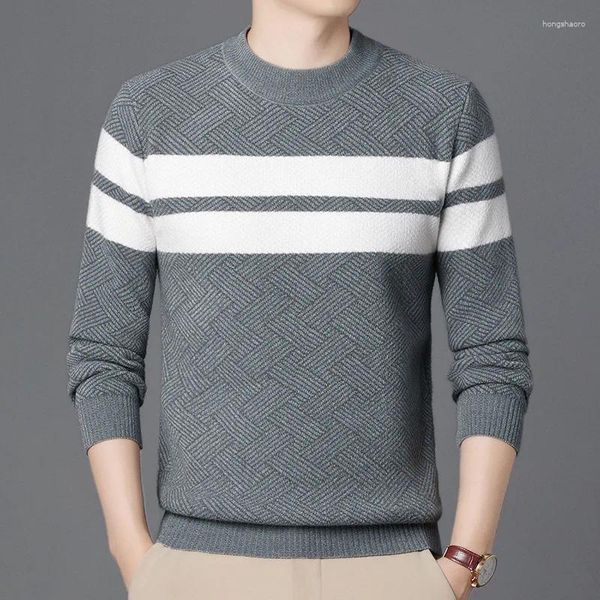 Chandails pour hommes automne et hiver modèle rayé tricots style coréen couleur pure demi-collier chemise à manches longues pull