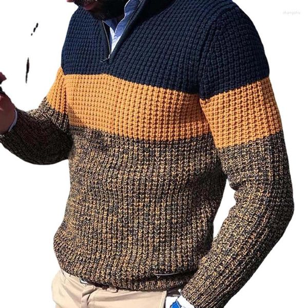 Suéteres para hombres Otoño e invierno Jersey Suéter Algodón Casual Cremallera Pequeño Cuello alto Cubierta Manga larga Cuello en V Colorblock Punto