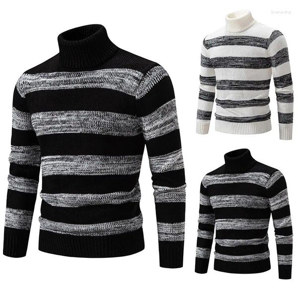 Pulls pour hommes automne et hiver pull de couleur unie pull coréen de rayures blanches noires couture col haut mince