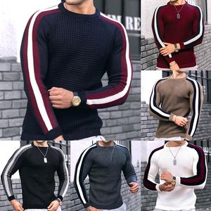 Suéteres para hombre otoño e invierno waffle plaid manga larga cuello redondo contraste ajuste delgado inferior deportes casual camisa de punto para hombre