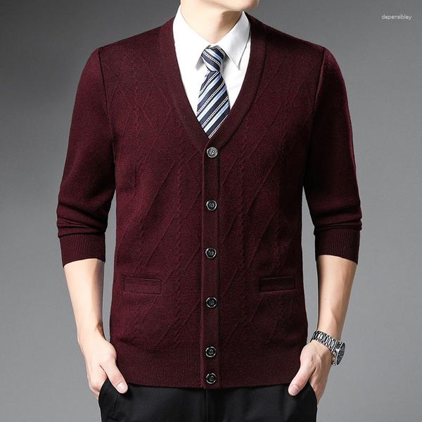 Hommes chandails automne Cardigan couleur unie Plaid mode affaires décontracté tricoté pull chaud col en v hommes