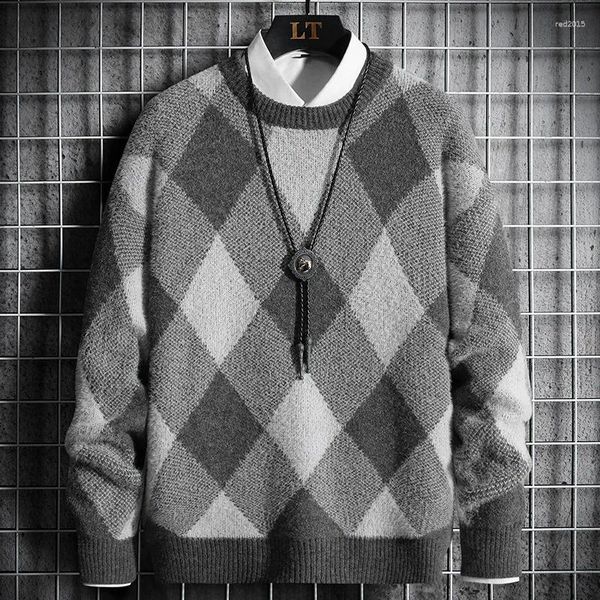 Pulls pour hommes automne pull décontracté col rond motif losange vintage mâle pull à manches longues chaud tricoté hommes rétro argyle