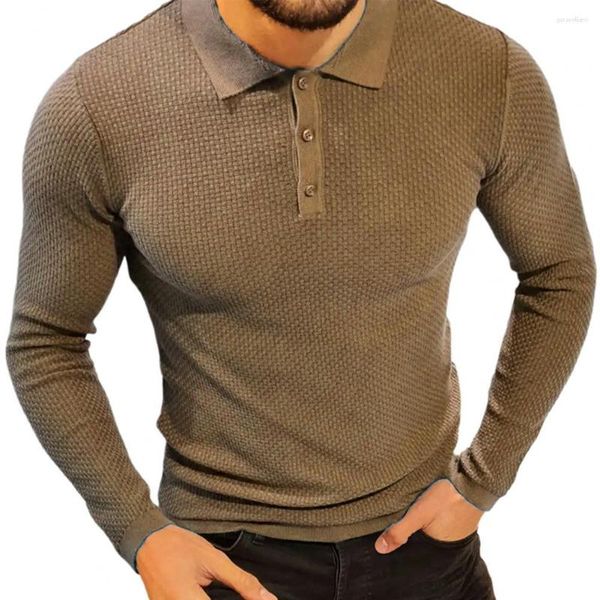 Suéteres para hombres Otoño Hombres Suéter Solapa Botones Escote Tejer Tops Manga larga Waffle Dobladillo acanalado Jersey Casaco Masculino