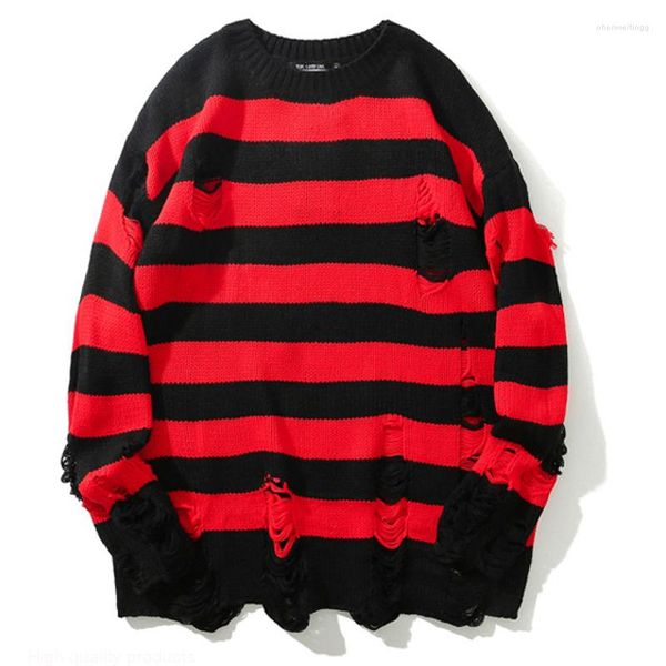 Pulls pour hommes Automne Hommes Hip Hop Pulls Harajuku Rouge Noir Rayé Tricoté Détruire Trou Pull Streetwear Homme Mode Pull