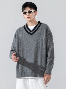 Herentruien herfstheren winter gebreide oversized mannelijke zwarte pullover v nek jumpers vintage gestreepte gebreide brei -kleding mannen kleding