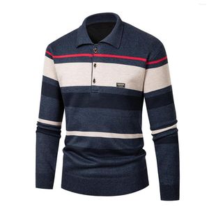 Pulls pour hommes Automne Streetwear Pull en laine tricoté Top Casual Manches longues Vacances Polo rayé Polo Harajuku Tunique à revers
