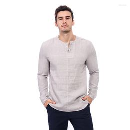 Hommes chandails Style automne chemise en lin sans col à manches longues polyvalent décontracté couleur unie léger respirant pull