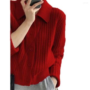 Pulls pour hommes Automne / Hiver 2023 Version coréenne Languid Lazy Wind Femmes POLO Col Single-Breasted Long Sleeve Slim Knit Cardigan Pull
