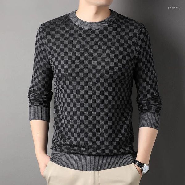 Pulls pour hommes automne hiver marque tricot pull col rond tendance mâle pull coréen pull à carreaux décontracté hommes vêtements