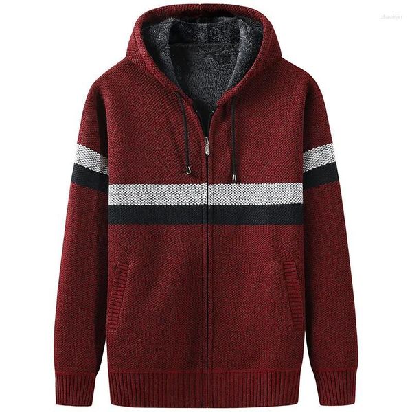 Suéteres para hombres Otoño Invierno Abrigo frío Grueso Cálido Suéter de lana de piel sintética Con capucha Raya Cardigan Chaqueta delgada con cremallera