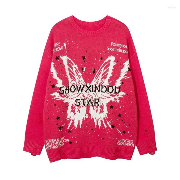 Suéteres para hombres Autumn Winter Fashion Red Hop Hop Hop Punk Sweater Hombres Mujeres Patrón de mariposa Harajuku Casual Pink Knitwear Homme Homme