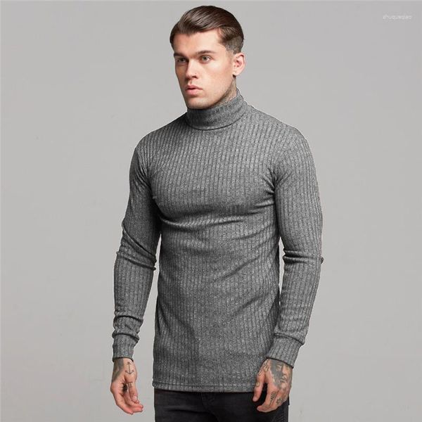 Hommes chandails automne hiver mode col roulé hommes mince décontracté col roulé solide Pit bande Slim Fit sport T-Shirt hommes pull