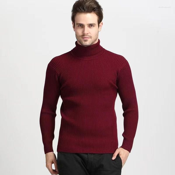 Suéteres para hombres Otoño Invierno Suéter de punto de cuello alto Casual Sólido Patrón vertical Jersey Hombres Cálido manga larga