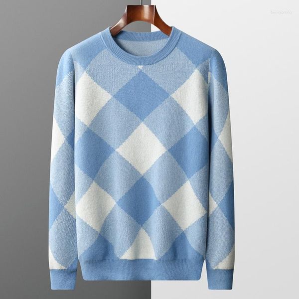 Suéteres para hombre Otoño/Invierno marca coreana blusa fría de lana pura Vintage suéter cómodo cuello redondo jersey de contraste