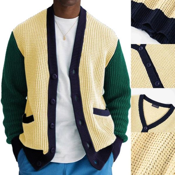 Suéteres para hombres otoño invierno para hombre punto casual con cuello en v cardigan suéter de manga larga botón abajo colorblock chaqueta masculina estiramiento cálido abrigo