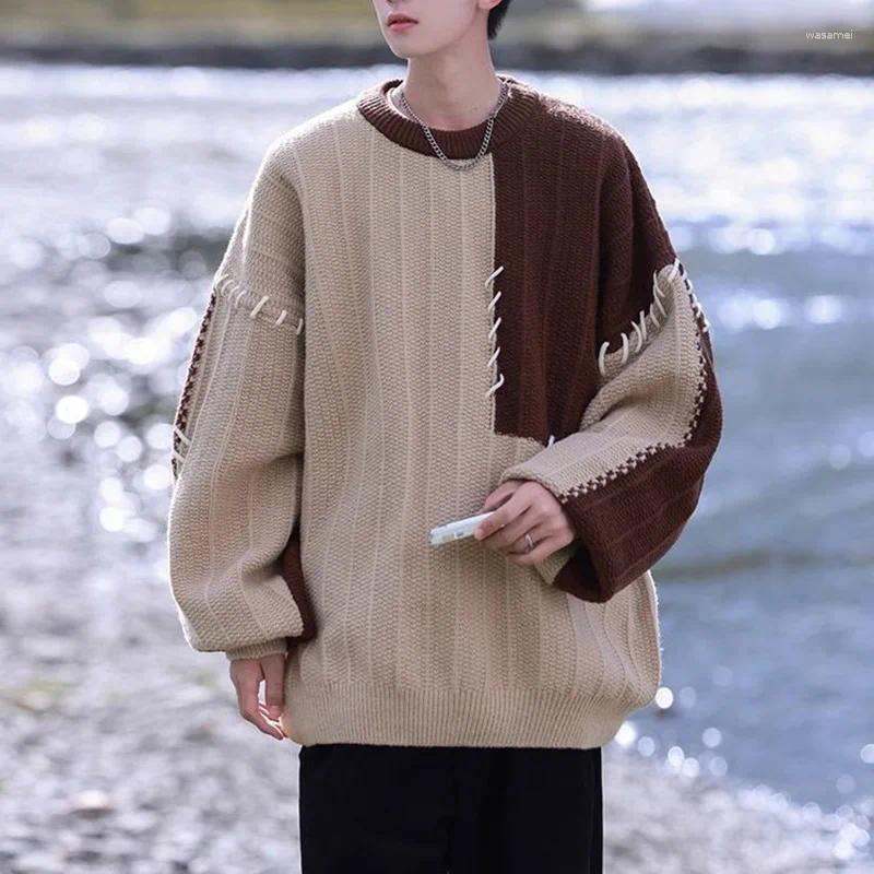 Camisolas masculinas outono inverno retalhos cor camisola masculina vintage moda coreana solta casual o-pescoço masculino pulôver de malha grossa