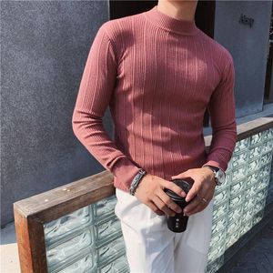 Hommes chandails automne hiver rayé pull tricoté pull tricots 2023 o-cou mâle rose Sexy mince