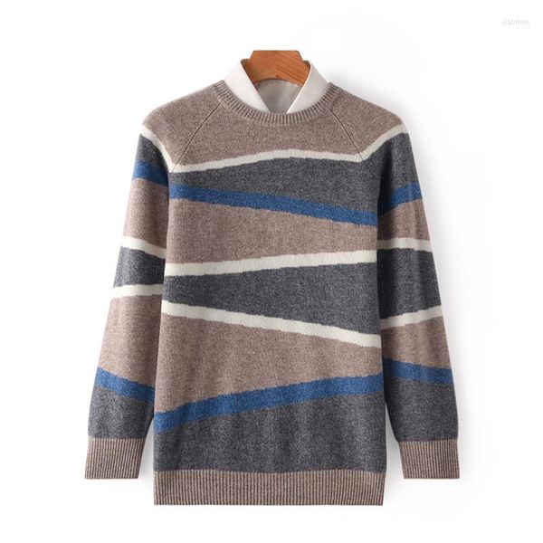 Hommes chandails automne hiver Style Pure laine col rond épaissi rayure pull à la mode lâche couleur assortie tricot Base manteau