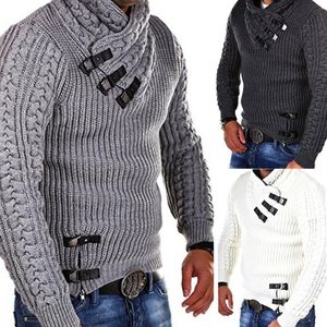 Suéteres de los hombres Otoño Invierno Suéter Jerseys Hombres Casual Cuernos delgados Hebilla Gruesa Ropa de cuello alto
