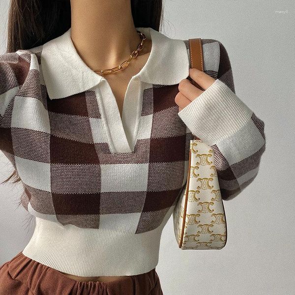 Suéteres para hombres Otoño Invierno Vintage Prendas de punto Crop Tops Mujeres Jersey Moda Mujer Manga larga Elástica Casual Plaid Camisas de punto